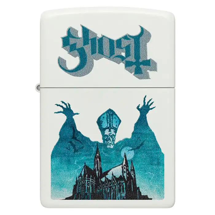 Zippo – Ghost „Papa Emeritus over Cathedral“ – Weißes, mattes Feuerzeug