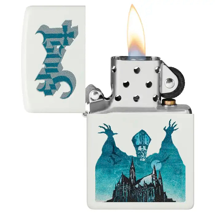 Zippo – Ghost „Papa Emeritus over Cathedral“ – Weißes, mattes Feuerzeug