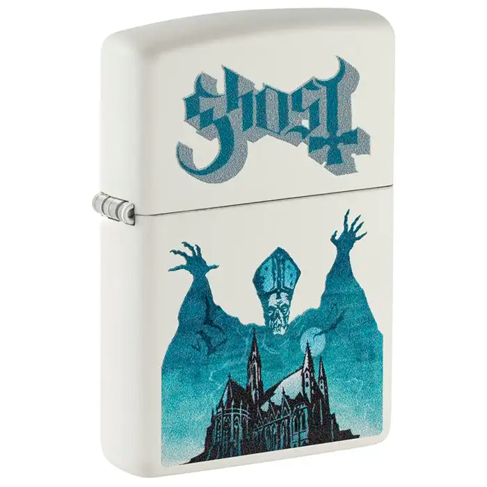 Zippo – Ghost „Papa Emeritus over Cathedral“ – Weißes, mattes Feuerzeug