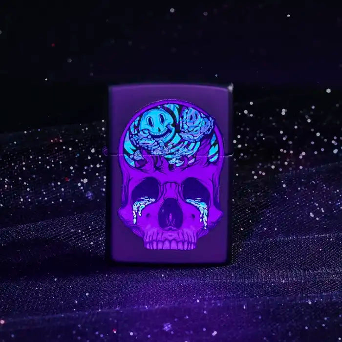 Zippo Lighter - Blacklight Skull Design - Matt Black Lighter